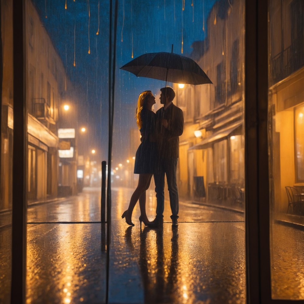 Tra le tue righe cover: a couple kissing under one umbrella on a rainy night street